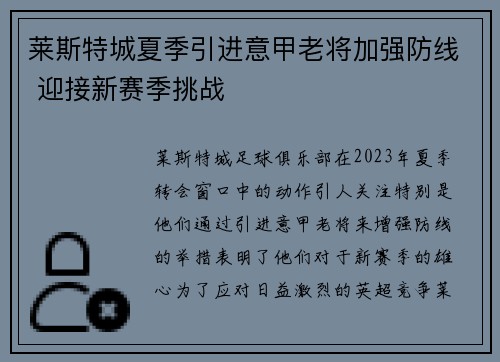 莱斯特城夏季引进意甲老将加强防线 迎接新赛季挑战