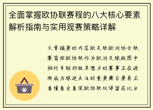 全面掌握欧协联赛程的八大核心要素解析指南与实用观赛策略详解